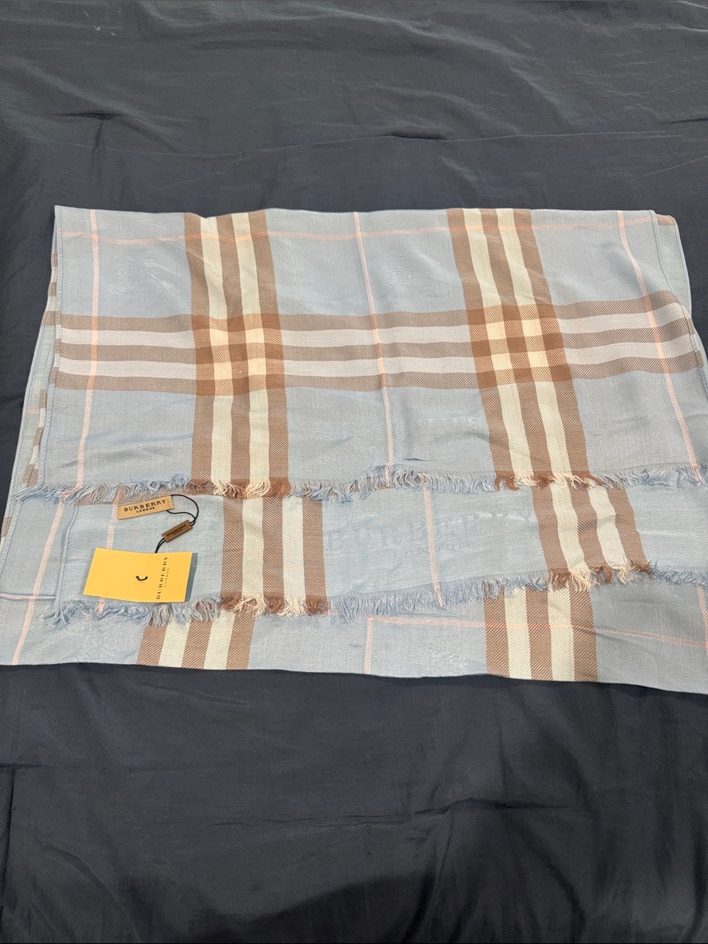 Burberry Light Blue and Tan Check Cotton-Blend Throw